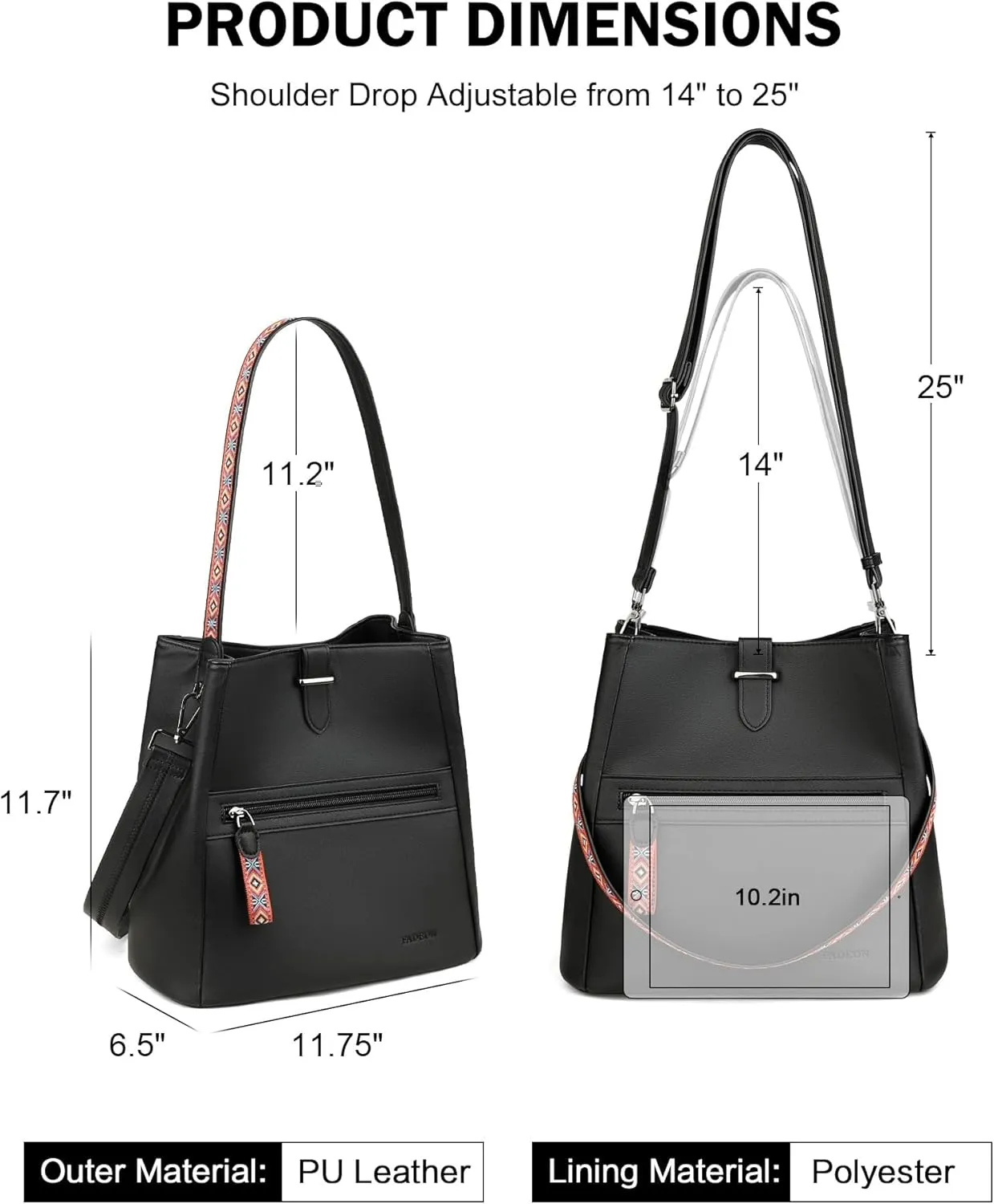 FADEON Bucket Bag for Women Purses and Handbags Designer Hobo Bags for Women Crossbody PU Leather Shoulder Bag Trendy Black