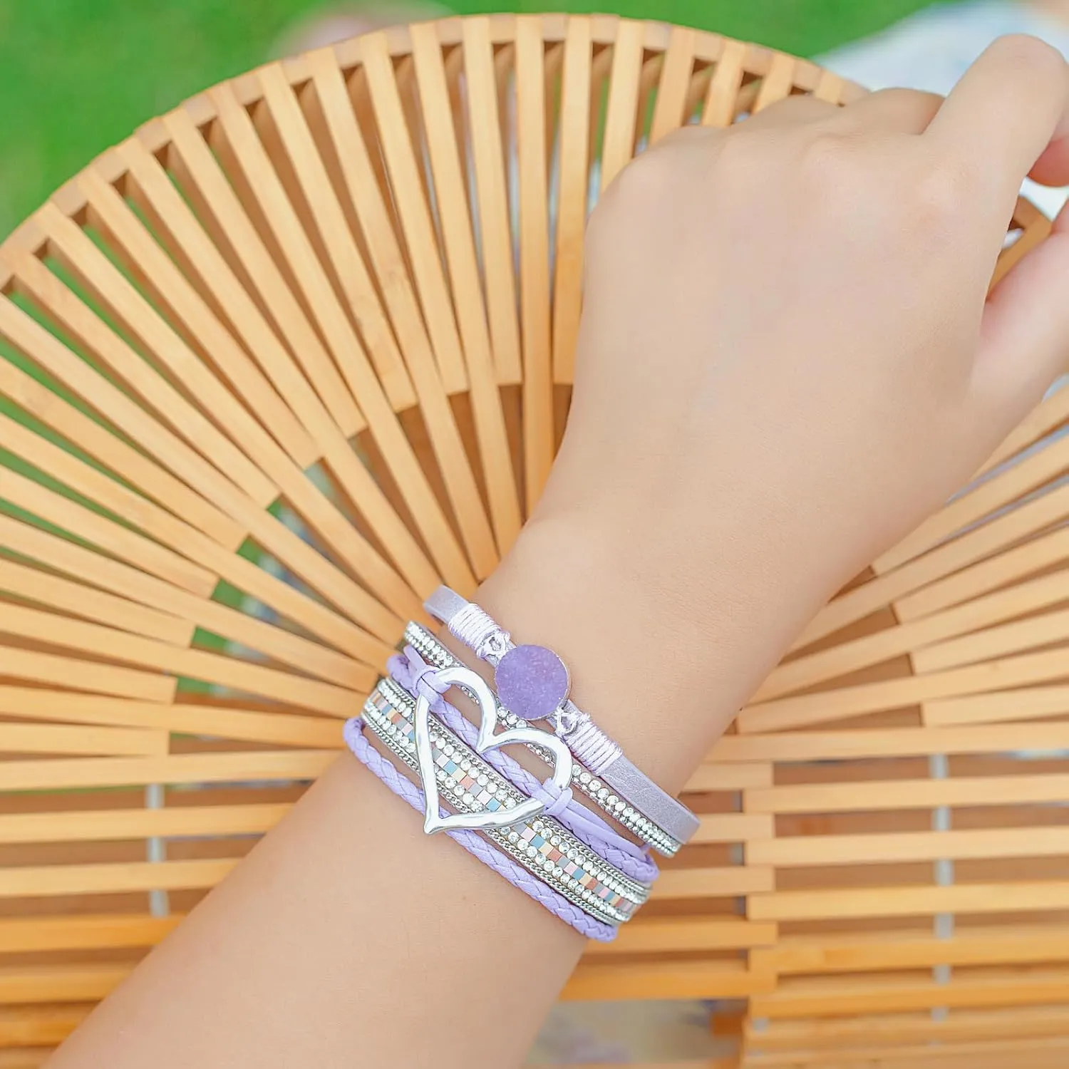 FANCY SHINY Heart Leather Wrap Bracelets Stackable Boho Cuff Bangles Trendy Resin Stone Rhinestone Bracelets with Magnetic Clasp for Women Mother Gift Jewelry