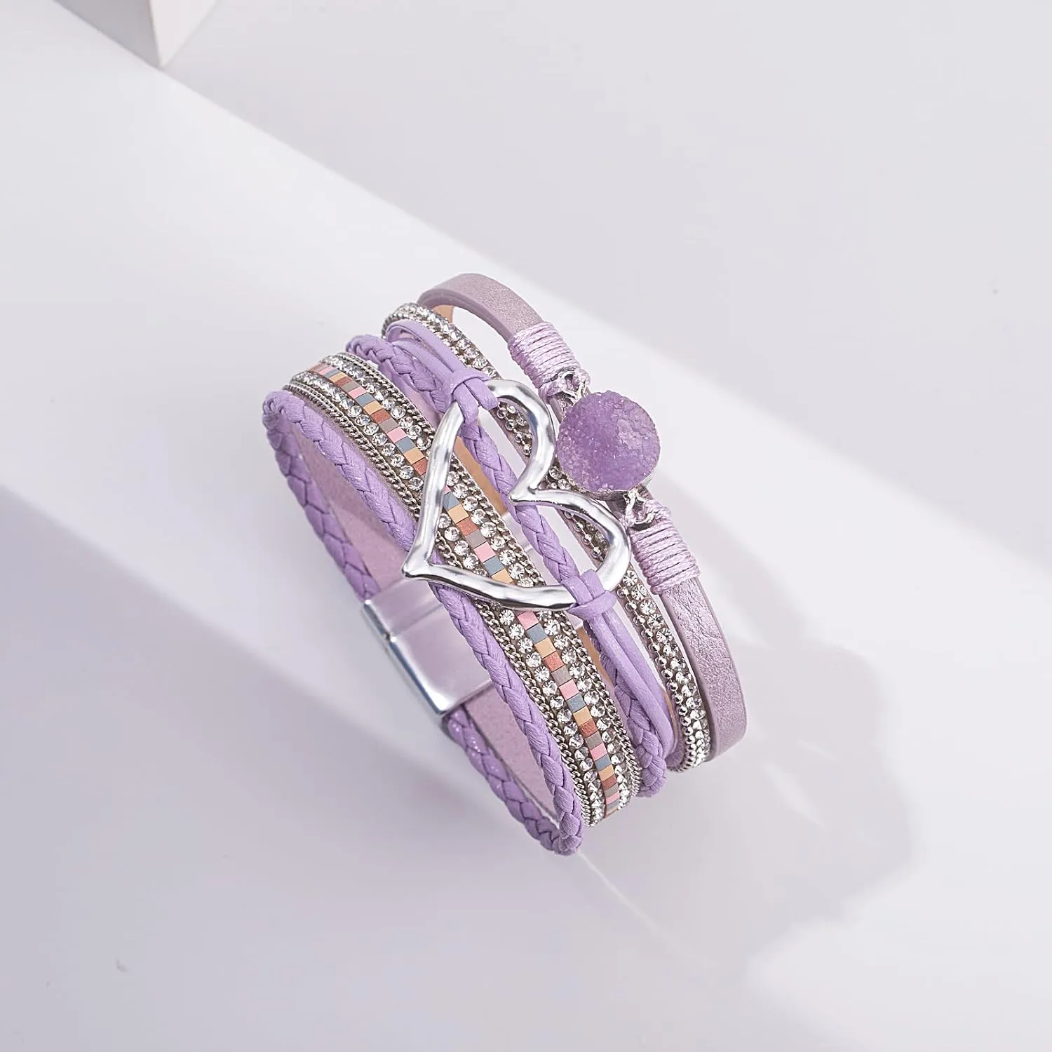 FANCY SHINY Heart Leather Wrap Bracelets Stackable Boho Cuff Bangles Trendy Resin Stone Rhinestone Bracelets with Magnetic Clasp for Women Mother Gift Jewelry