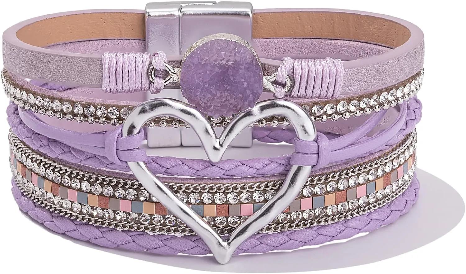 FANCY SHINY Heart Leather Wrap Bracelets Stackable Boho Cuff Bangles Trendy Resin Stone Rhinestone Bracelets with Magnetic Clasp for Women Mother Gift Jewelry