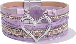 FANCY SHINY Heart Leather Wrap Bracelets Stackable Boho Cuff Bangles Trendy Resin Stone Rhinestone Bracelets with Magnetic Clasp for Women Mother Gift Jewelry