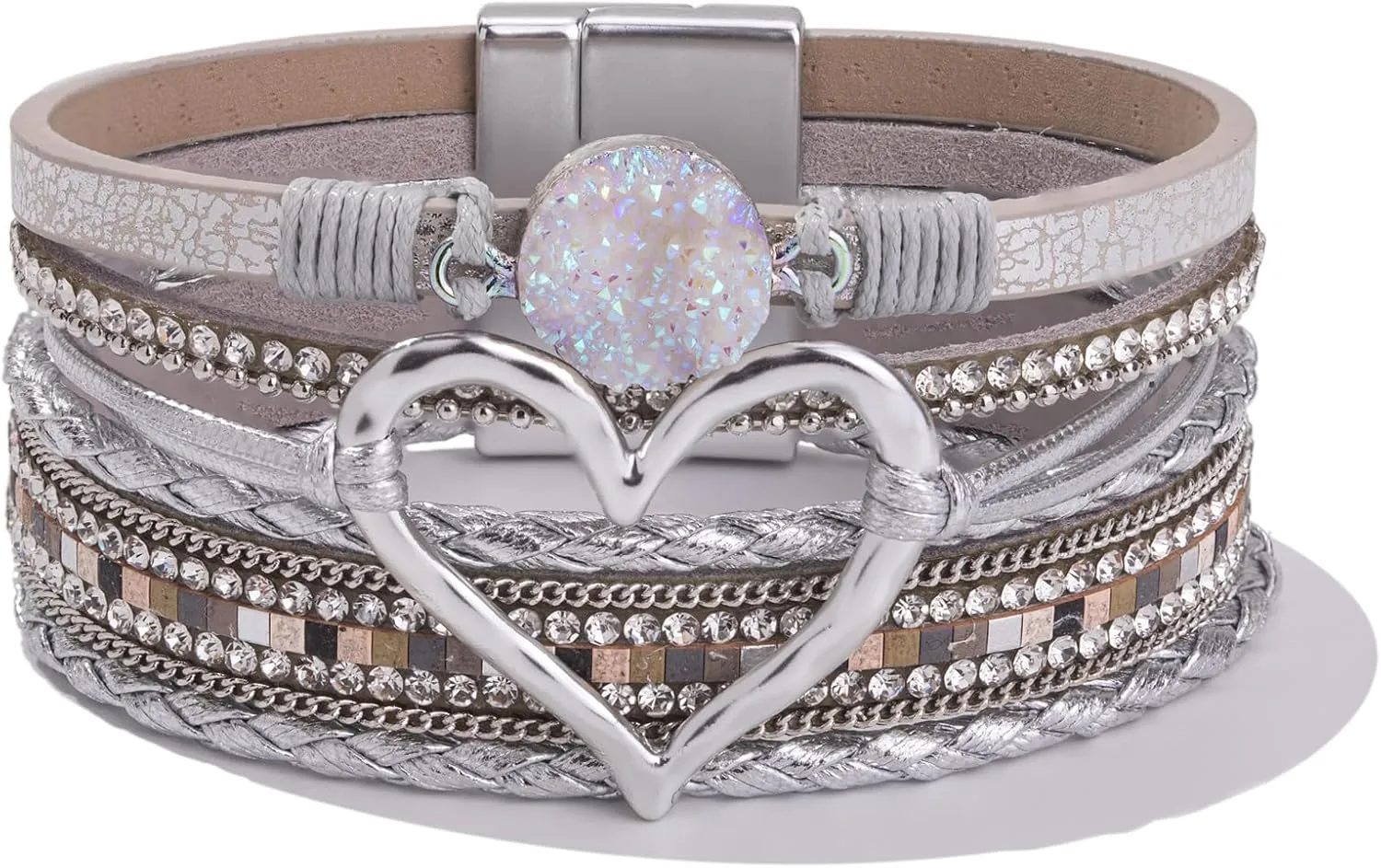 FANCY SHINY Heart Leather Wrap Bracelets Stackable Boho Cuff Bangles Trendy Resin Stone Rhinestone Bracelets with Magnetic Clasp for Women Mother Gift Jewelry