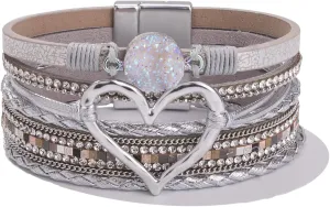 FANCY SHINY Heart Leather Wrap Bracelets Stackable Boho Cuff Bangles Trendy Resin Stone Rhinestone Bracelets with Magnetic Clasp for Women Mother Gift Jewelry