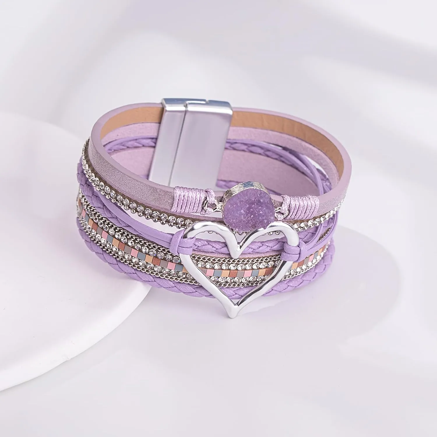 FANCY SHINY Heart Leather Wrap Bracelets Stackable Boho Cuff Bangles Trendy Resin Stone Rhinestone Bracelets with Magnetic Clasp for Women Mother Gift Jewelry
