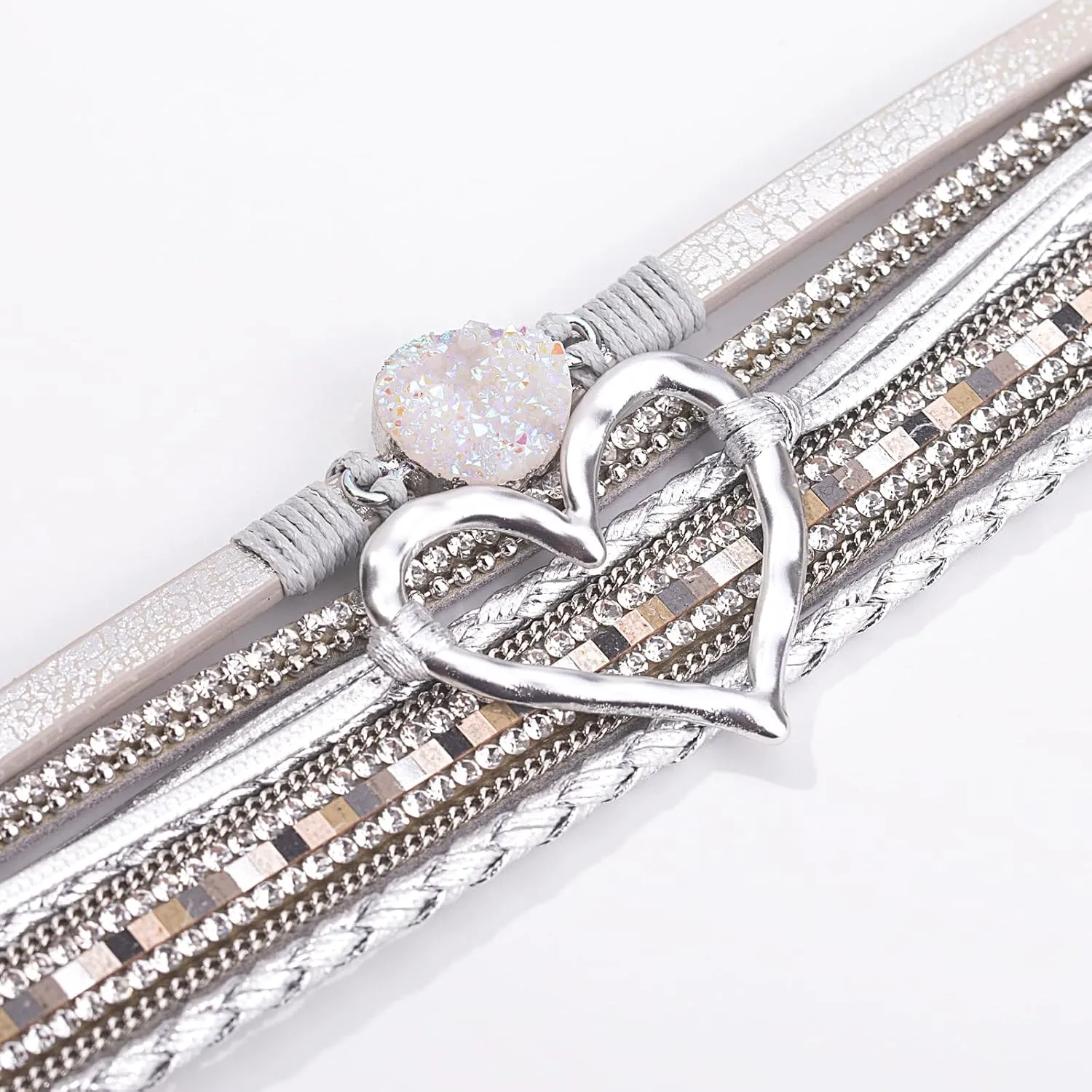 FANCY SHINY Heart Leather Wrap Bracelets Stackable Boho Cuff Bangles Trendy Resin Stone Rhinestone Bracelets with Magnetic Clasp for Women Mother Gift Jewelry
