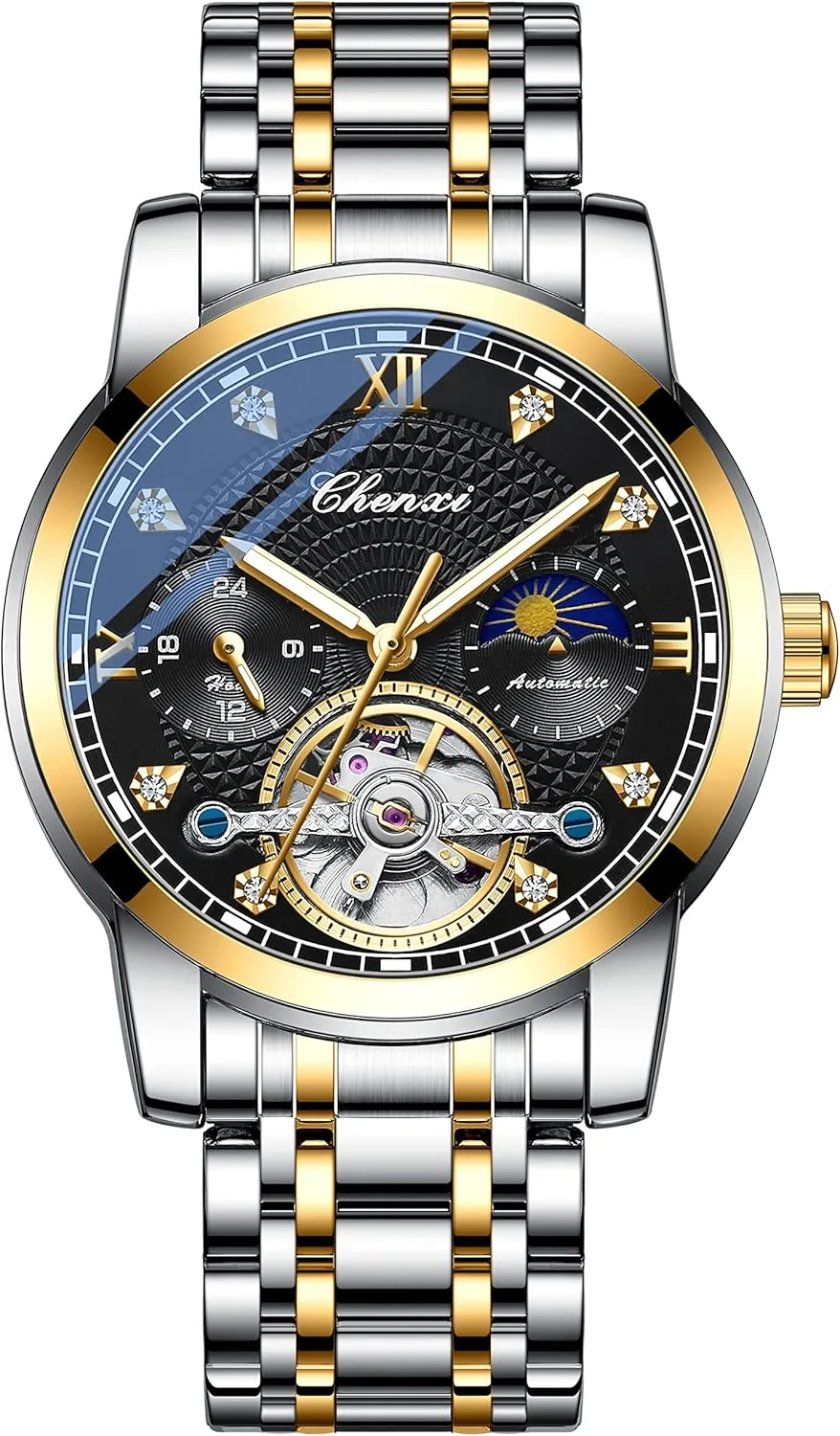 FANMIS Men's Mechanical Watch Luxury Skeleton Hollow Mechanical Watch Automatic Winding Luminous Waterproof Business Dress Wrist Watch (jianjin HEI)