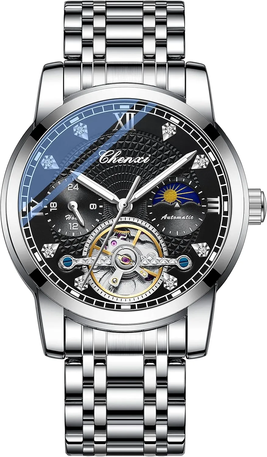 FANMIS Men's Mechanical Watch Luxury Skeleton Hollow Mechanical Watch Automatic Winding Luminous Waterproof Business Dress Wrist Watch (Silver HEI)
