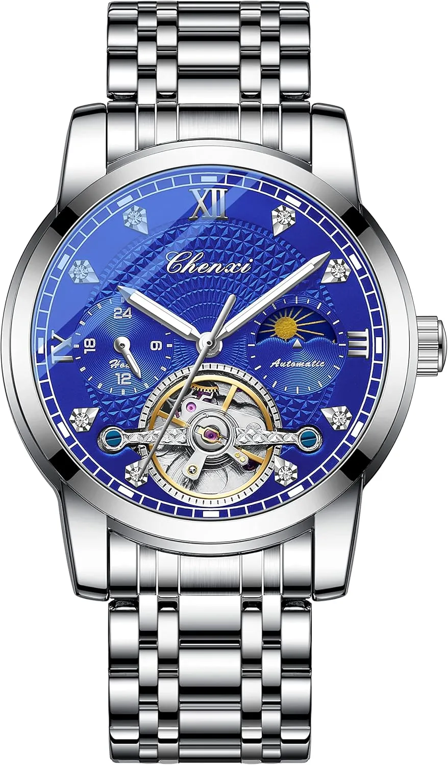 FANMIS Men's Mechanical Watch Luxury Skeleton Hollow Mechanical Watch Automatic Winding Luminous Waterproof Business Dress Wrist Watch (Silver LAN)