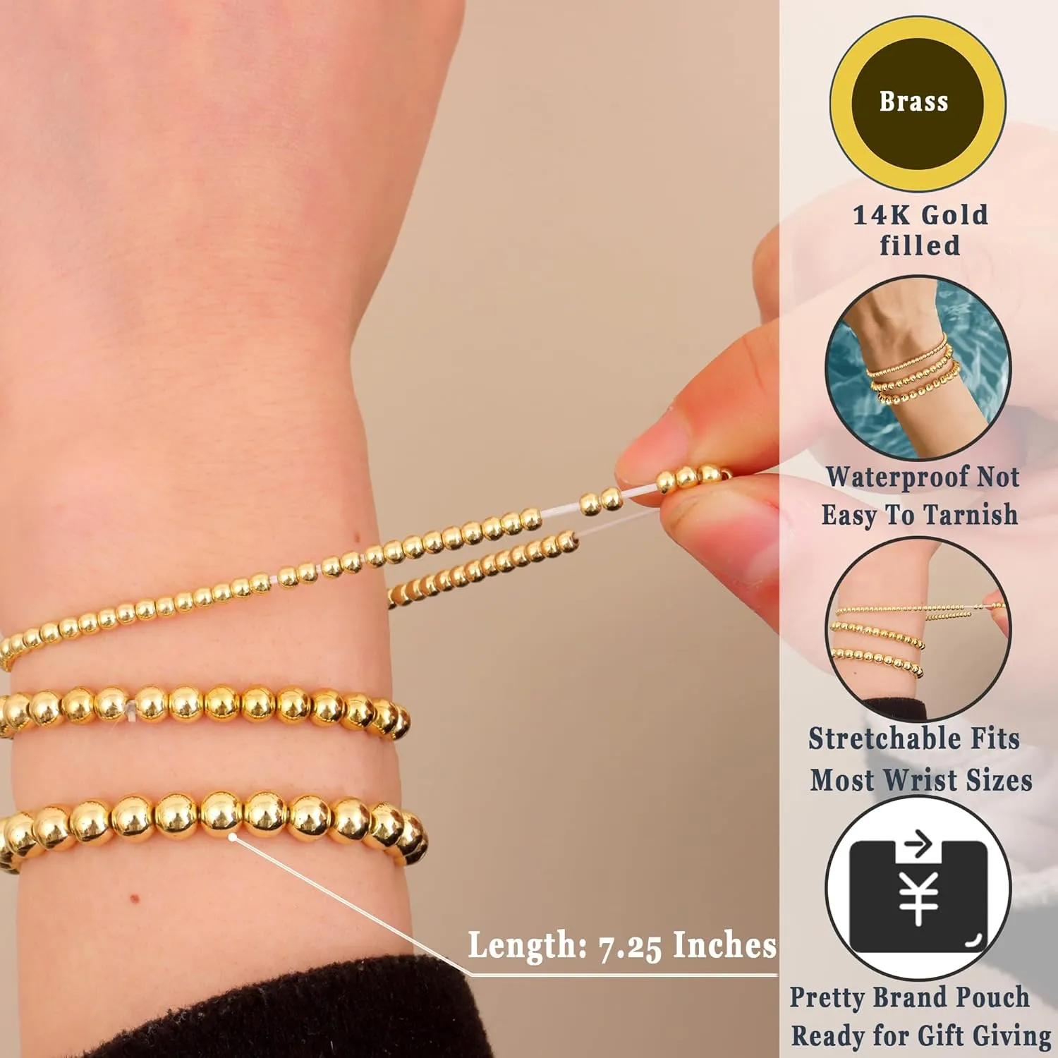 Fansilver Gold Bracelets for Women 14K Gold Plated Stretch Beaded Bracelets Stackable Gold Bead Ball Bracelet for Women Trendy Gifts Adjustable Gold Jewelry