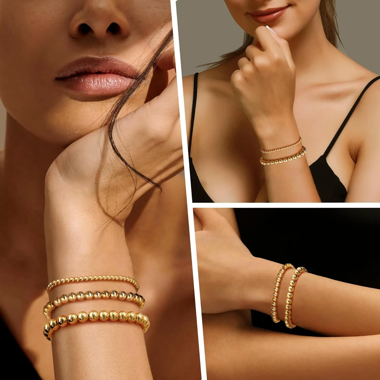 Fansilver Gold Bracelets for Women 14K Gold Plated Stretch Beaded Bracelets Stackable Gold Bead Ball Bracelet for Women Trendy Gifts Adjustable Gold Jewelry
