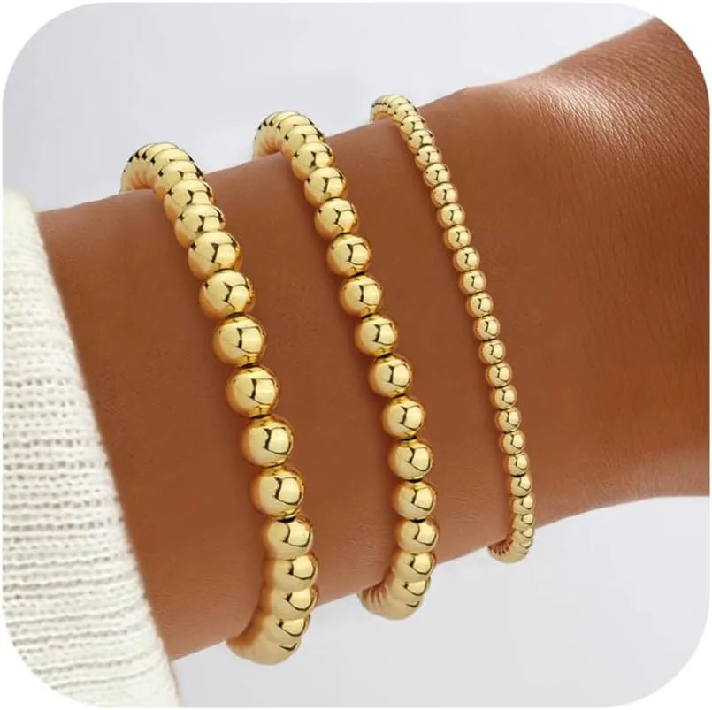 Fansilver Gold Bracelets for Women 14K Gold Plated Stretch Beaded Bracelets Stackable Gold Bead Ball Bracelet for Women Trendy Gifts Adjustable Gold Jewelry