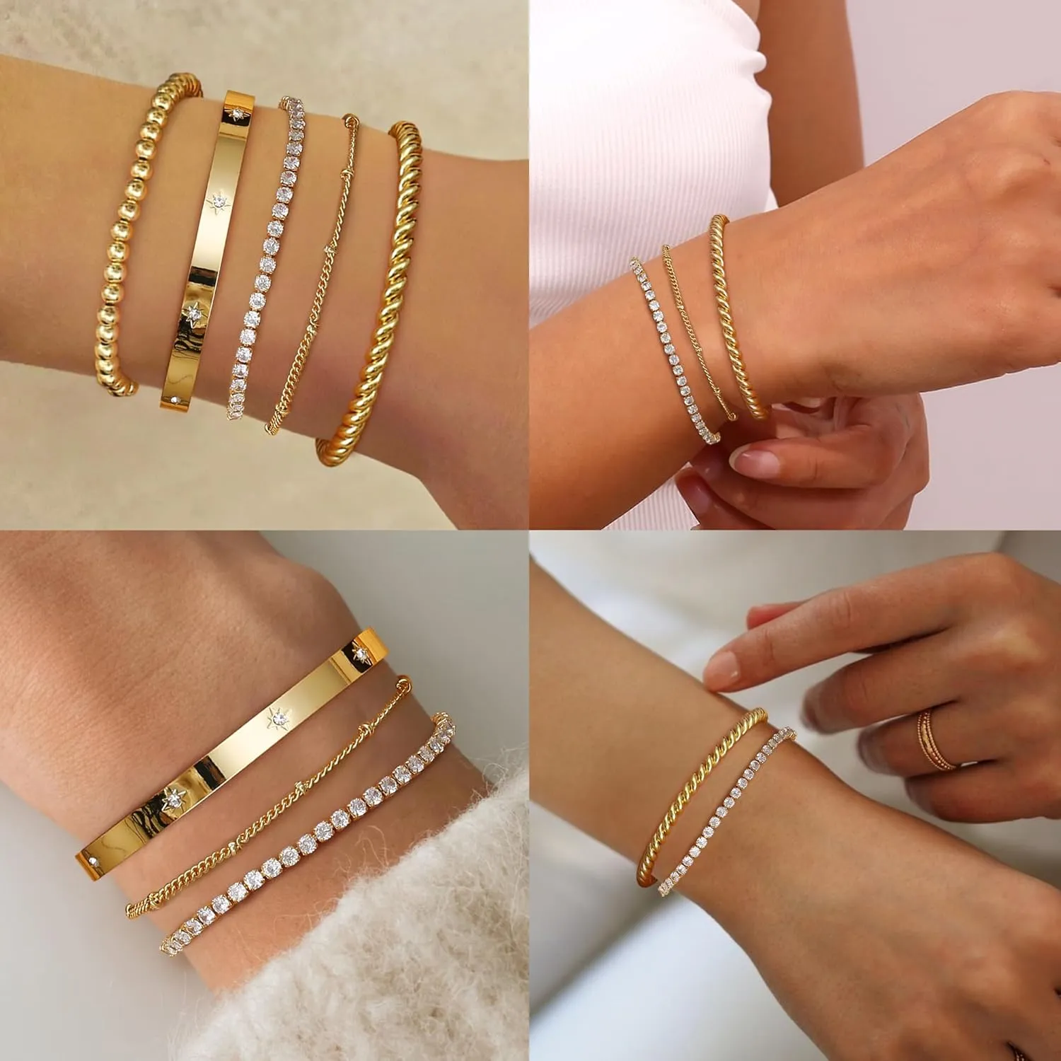 Fansilver Gold Bracelets for Women 14k Real Gold Bangle Cuff Bracelet Set Gold Plated Beaded Paperclip Cuban Chain Bracelet Cubic Zirconia Tennis Bracelet for Women Stack