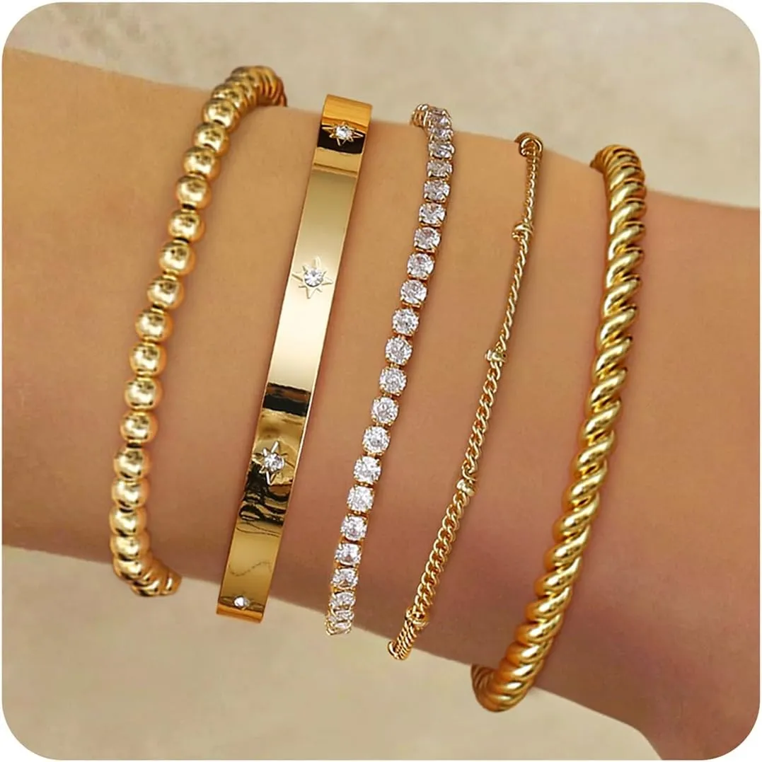 Fansilver Gold Bracelets for Women 14k Real Gold Bangle Cuff Bracelet Set Gold Plated Beaded Paperclip Cuban Chain Bracelet Cubic Zirconia Tennis Bracelet for Women Stack