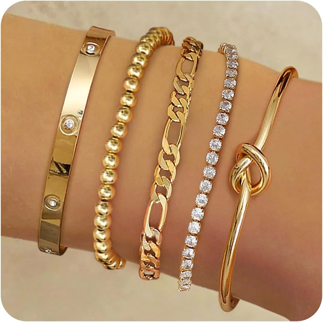 Fansilver Gold Bracelets for Women 14k Real Gold Bangle Cuff Bracelet Set Gold Plated Beaded Paperclip Cuban Chain Bracelet Cubic Zirconia Tennis Bracelet for Women Stack