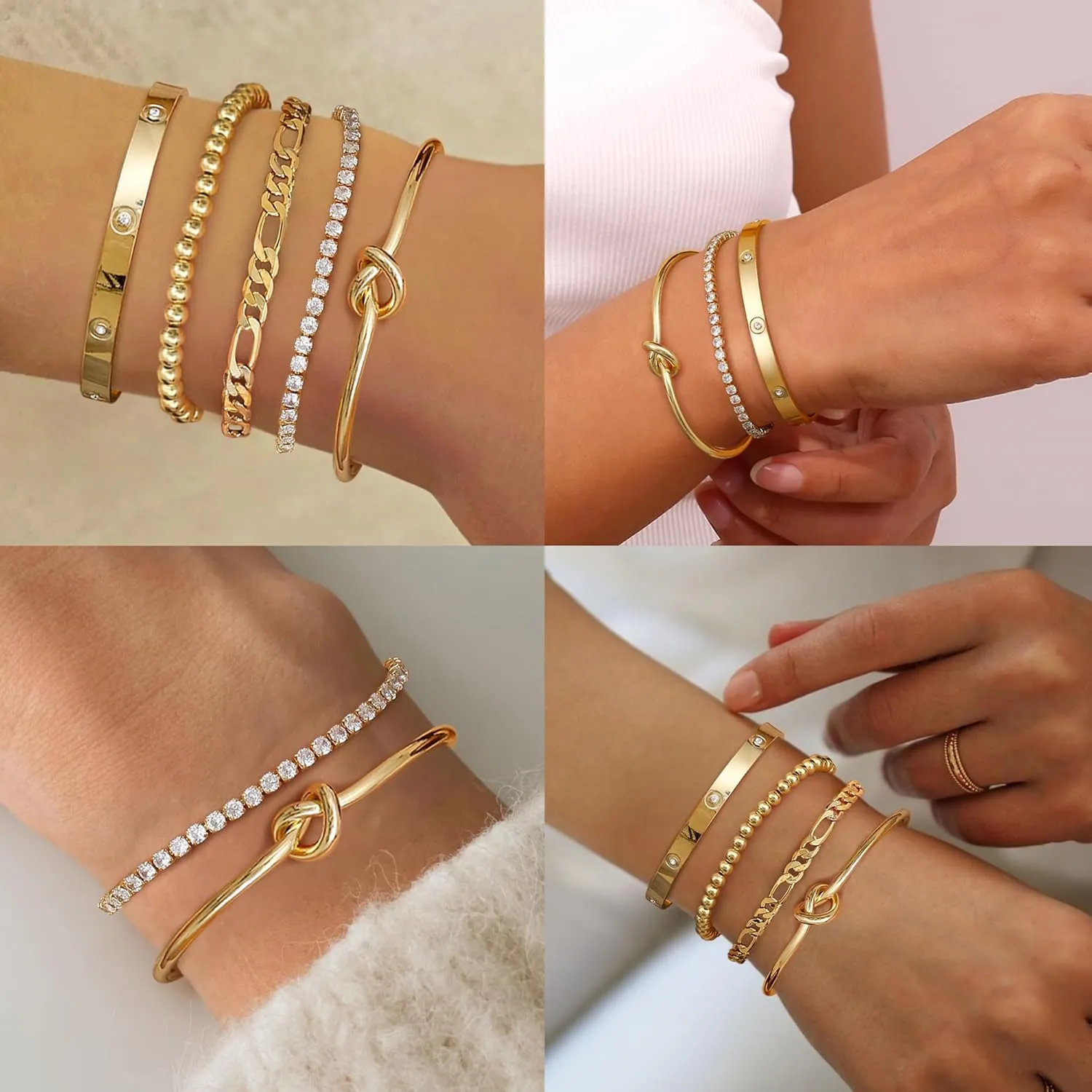 Fansilver Gold Bracelets for Women 14k Real Gold Bangle Cuff Bracelet Set Gold Plated Beaded Paperclip Cuban Chain Bracelet Cubic Zirconia Tennis Bracelet for Women Stack