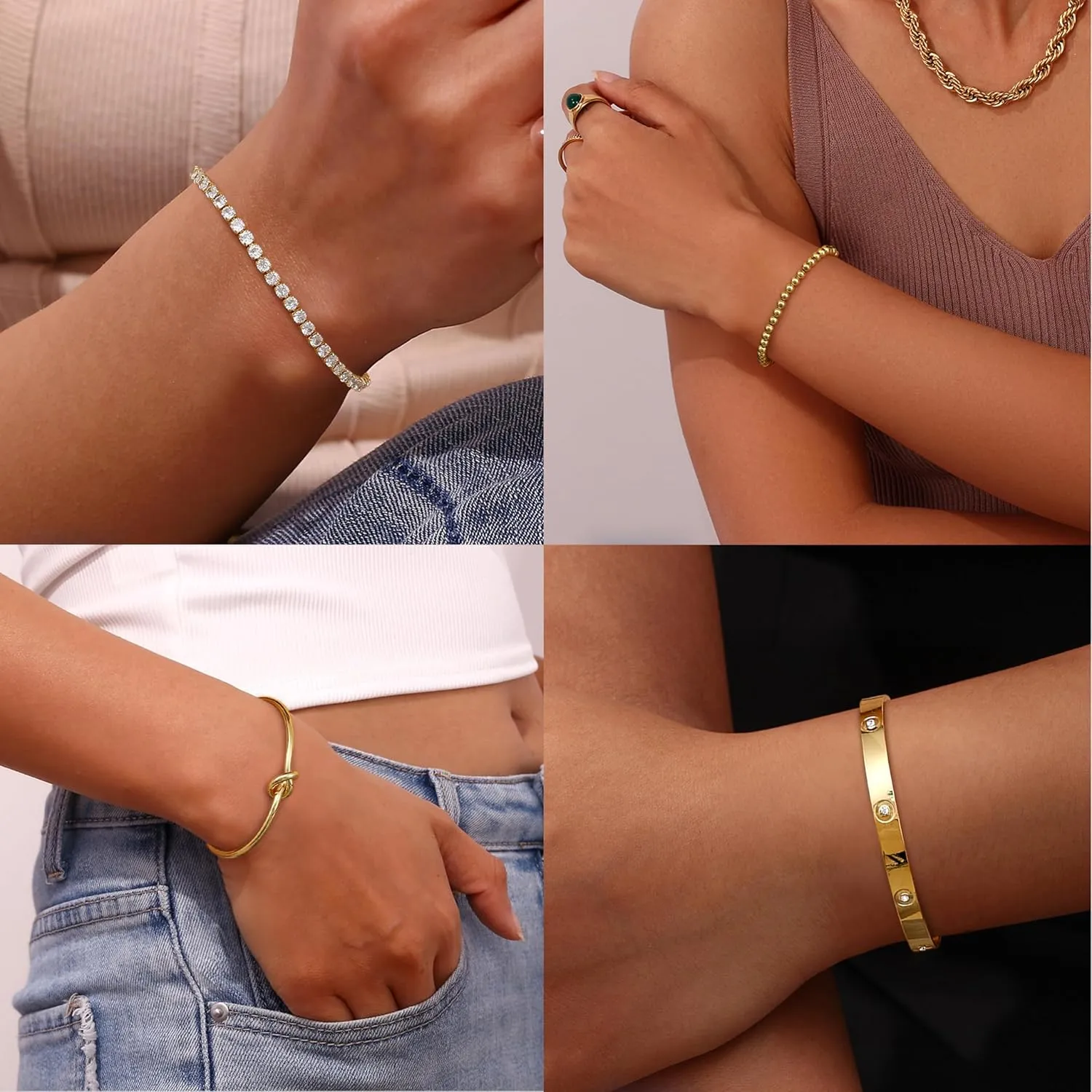 Fansilver Gold Bracelets for Women 14k Real Gold Bangle Cuff Bracelet Set Gold Plated Beaded Paperclip Cuban Chain Bracelet Cubic Zirconia Tennis Bracelet for Women Stack