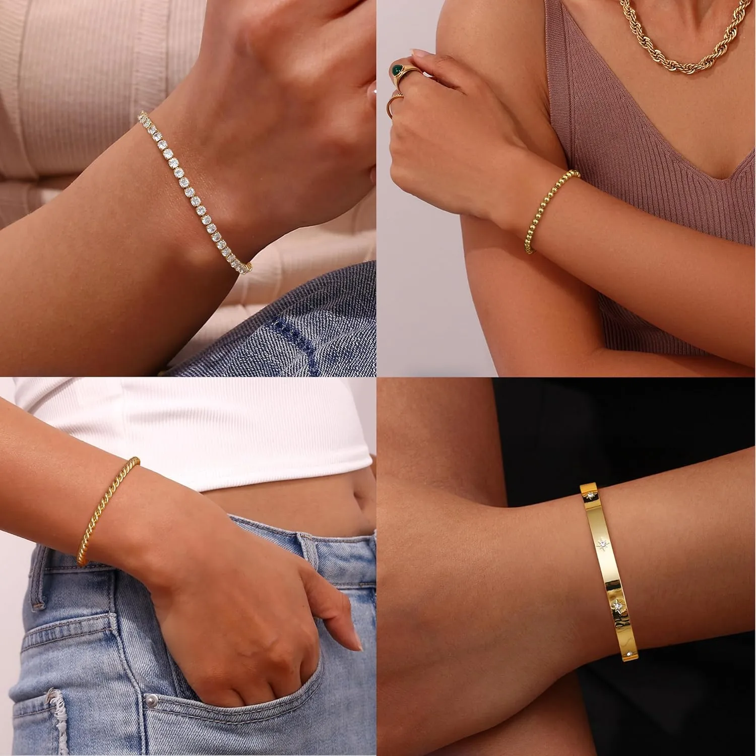 Fansilver Gold Bracelets for Women 14k Real Gold Bangle Cuff Bracelet Set Gold Plated Beaded Paperclip Cuban Chain Bracelet Cubic Zirconia Tennis Bracelet for Women Stack
