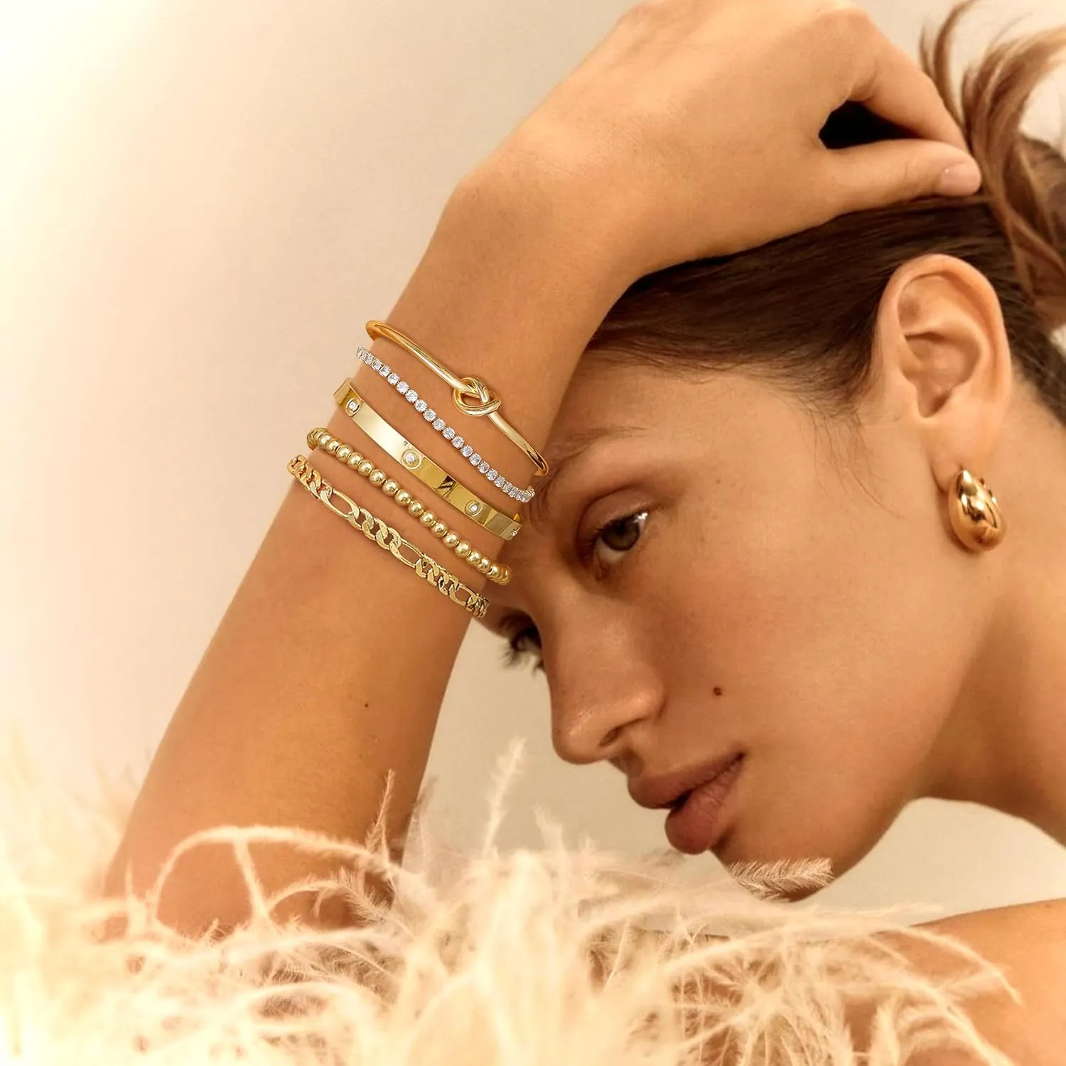 Fansilver Gold Bracelets for Women 14k Real Gold Bangle Cuff Bracelet Set Gold Plated Beaded Paperclip Cuban Chain Bracelet Cubic Zirconia Tennis Bracelet for Women Stack