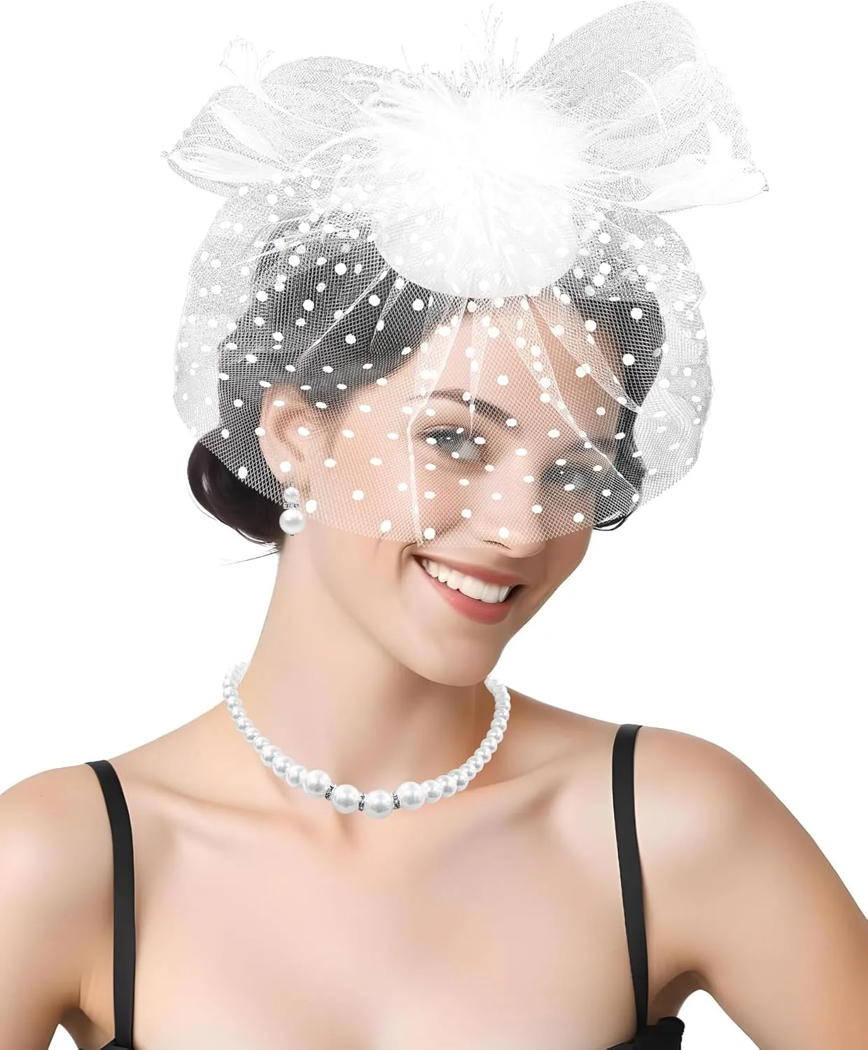 Fascinators Hat with Veil for Women Tea Party Funeral Wedding Cocktail 1920s Events, Satin Gloves and Pearl Jewelry Set