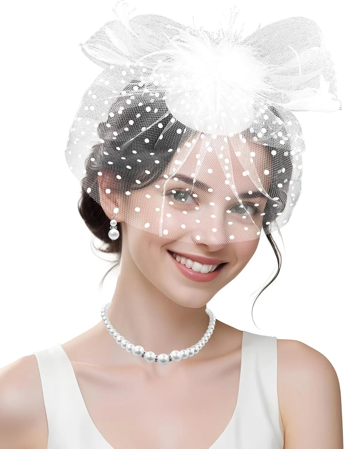 Fascinators Hat with Veil for Women Tea Party Funeral Wedding Cocktail 1920s Events, Satin Gloves and Pearl Jewelry Set