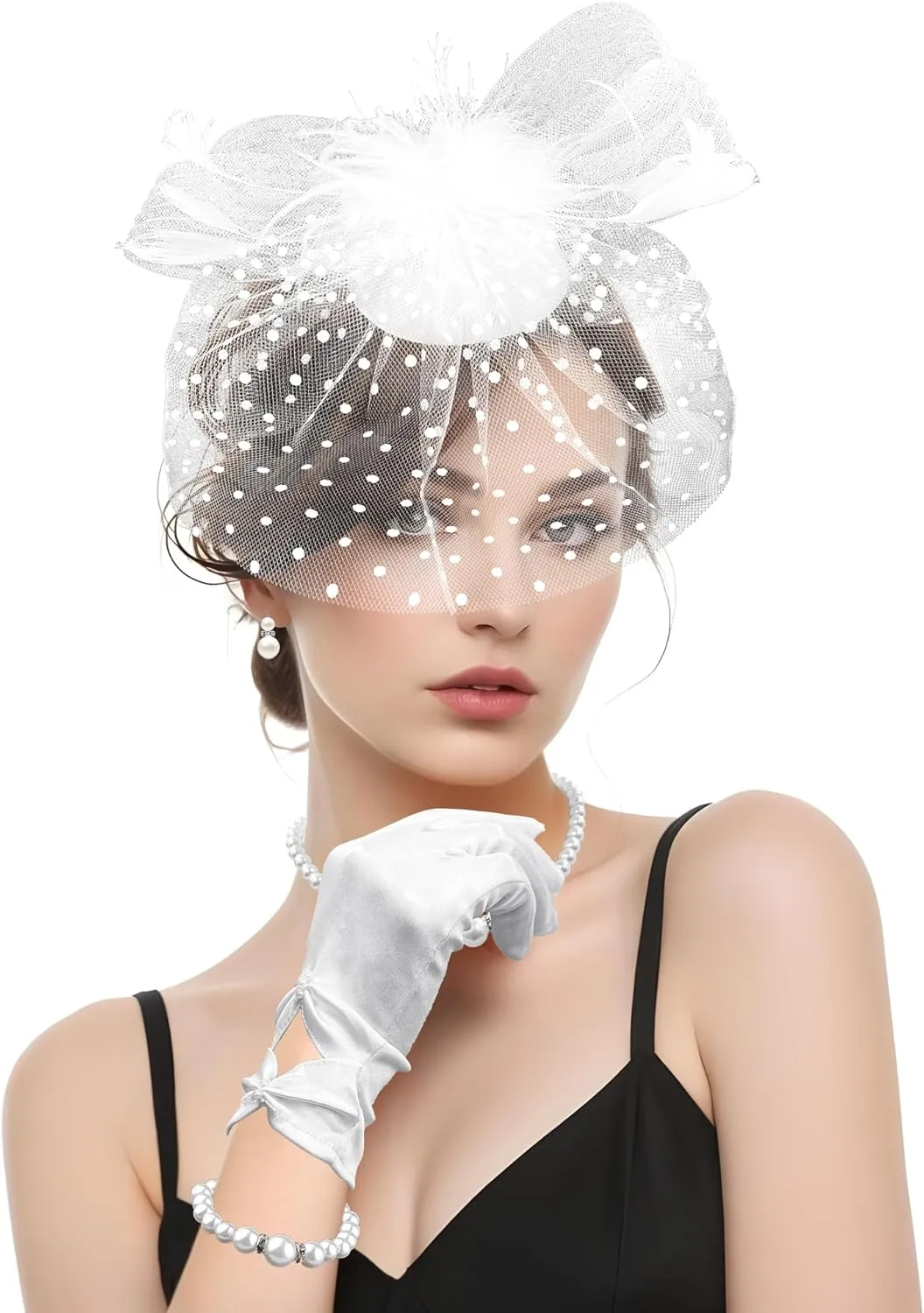 Fascinators Hat with Veil for Women Tea Party Funeral Wedding Cocktail 1920s Events, Satin Gloves and Pearl Jewelry Set