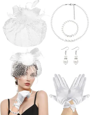 Fascinators Hat with Veil for Women Tea Party Funeral Wedding Cocktail 1920s Events, Satin Gloves and Pearl Jewelry Set