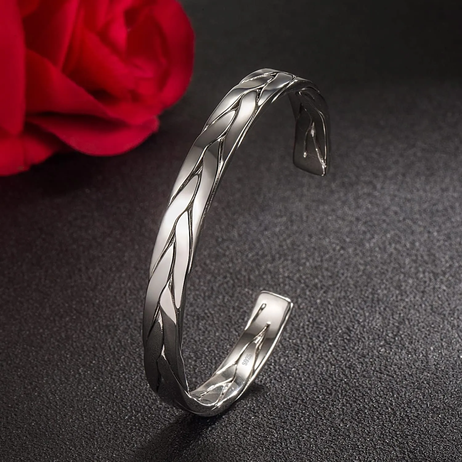 Fashion Men & Women 925 Sterling Silver Bracelet Simple Cuff Bangles Couples Jewelry For Him Her Adjustable Bracelet in a Pretty Gift Box