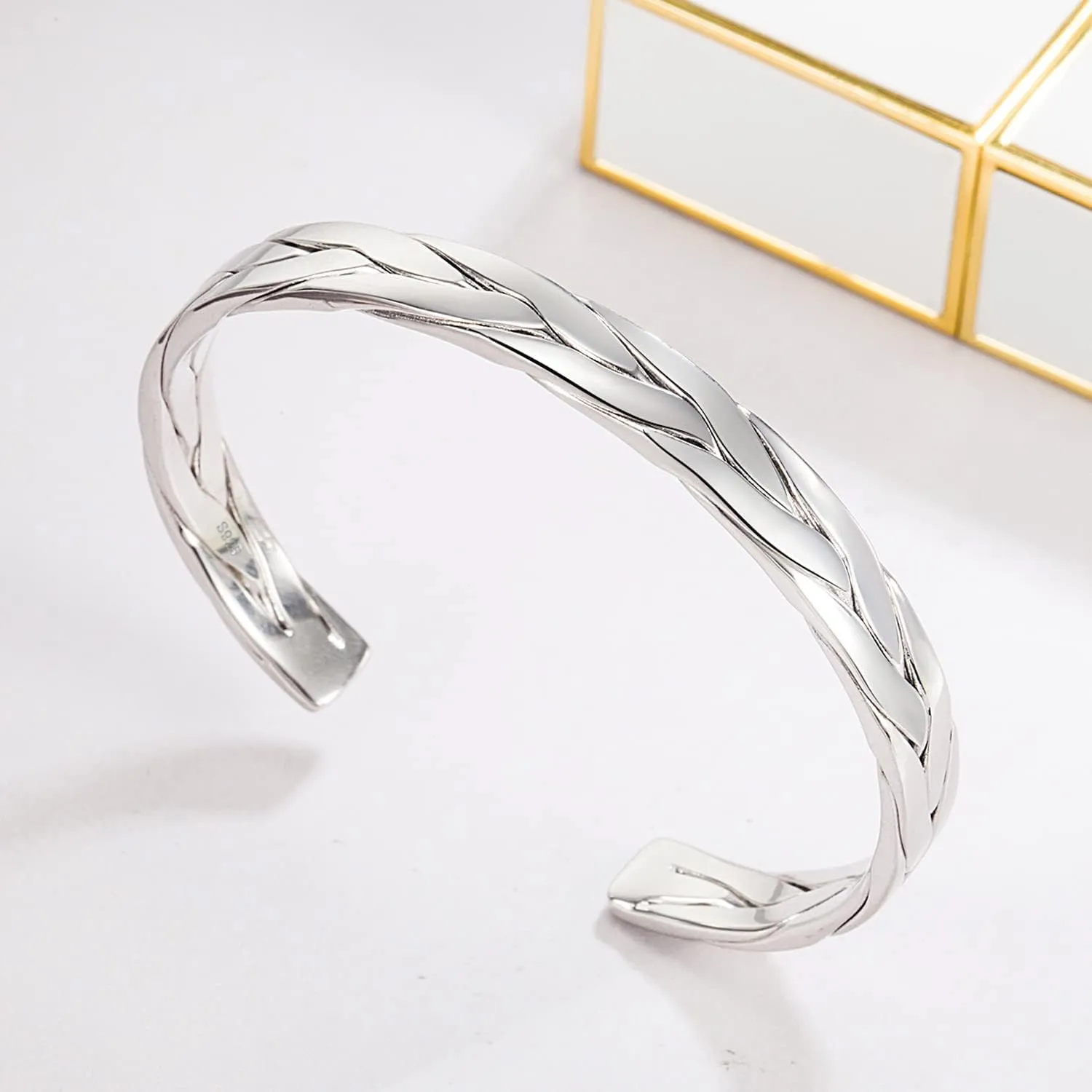 Fashion Men & Women 925 Sterling Silver Bracelet Simple Cuff Bangles Couples Jewelry For Him Her Adjustable Bracelet in a Pretty Gift Box