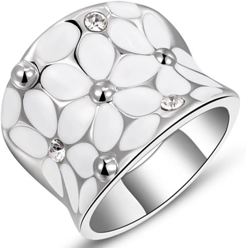 Fashion Month Womens Elegant Enamel Flower White Gold Band Bloom Petal Platinum Wedding Engagement Ring Crystal Inlay