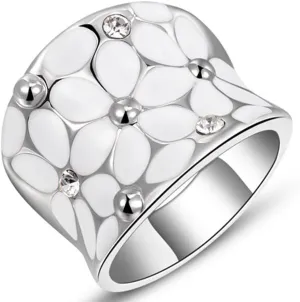 Fashion Month Womens Elegant Enamel Flower White Gold Band Bloom Petal Platinum Wedding Engagement Ring Crystal Inlay
