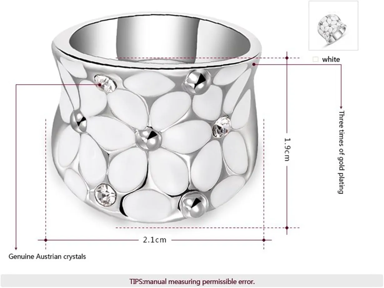 Fashion Month Womens Elegant Enamel Flower White Gold Band Bloom Petal Platinum Wedding Engagement Ring Crystal Inlay