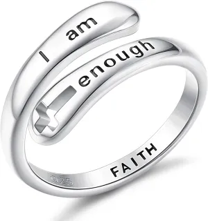 FIASASO Rings for Women 925 Sterling Silver Adjustable Faith Christian Cross - Encouragement Statement Jewelry, Dainty & Elegant Designs, Comfortable Fit, Versatile Everyday Wear, Sizes 6-9