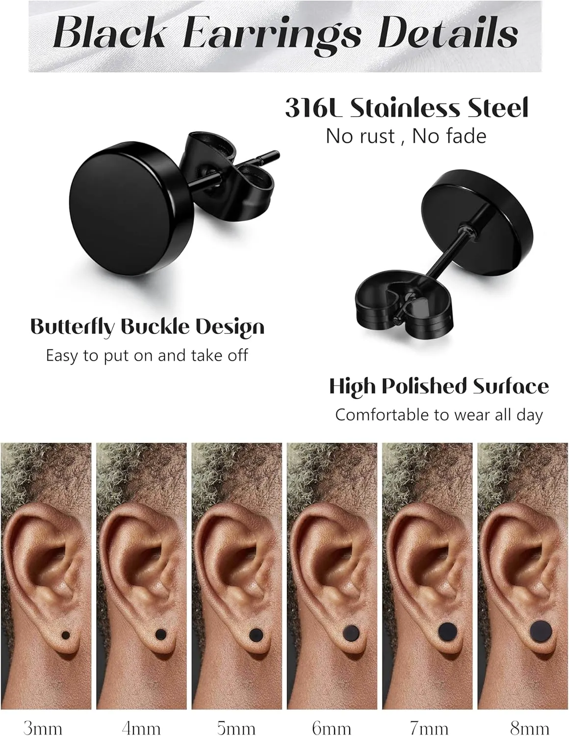 FIBO STEEL 316L Surgical Steel Hypoallergenic Black Stud Earrings for Men Women, Round Waterproof Cartilage & Lobe Jewelry, Comfortable Everyday Fashion Accessory, 3mm-8mm