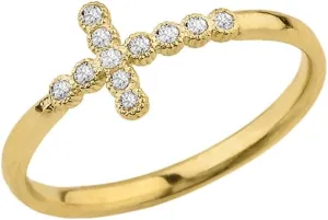 Fine 14k Yellow Gold Modern CZ Sidesways Cross Ring
