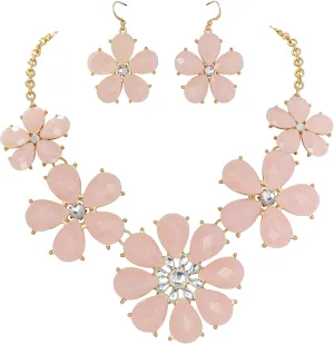 Firstmeet Shiny Flower Statement Collar Necklace with Earrings