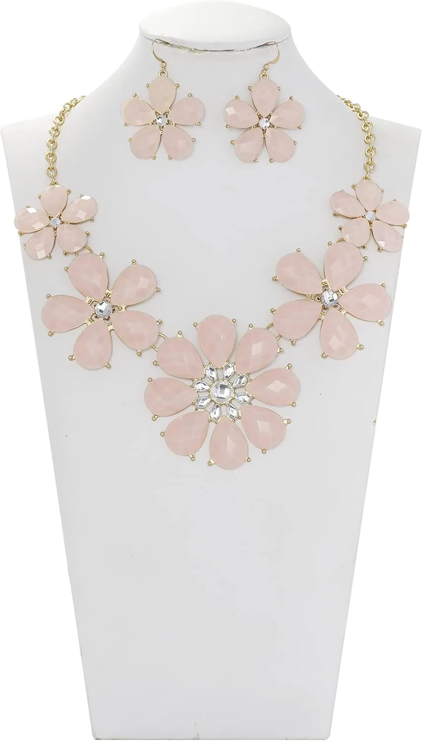 Firstmeet Shiny Flower Statement Collar Necklace with Earrings