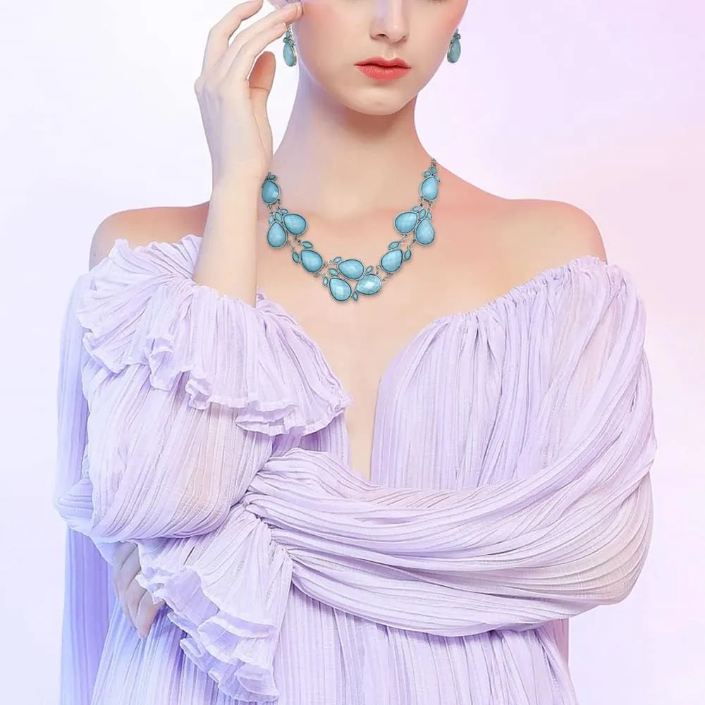 Firstmeet Shiny Resin Water Drop Collar Necklace with Earrings