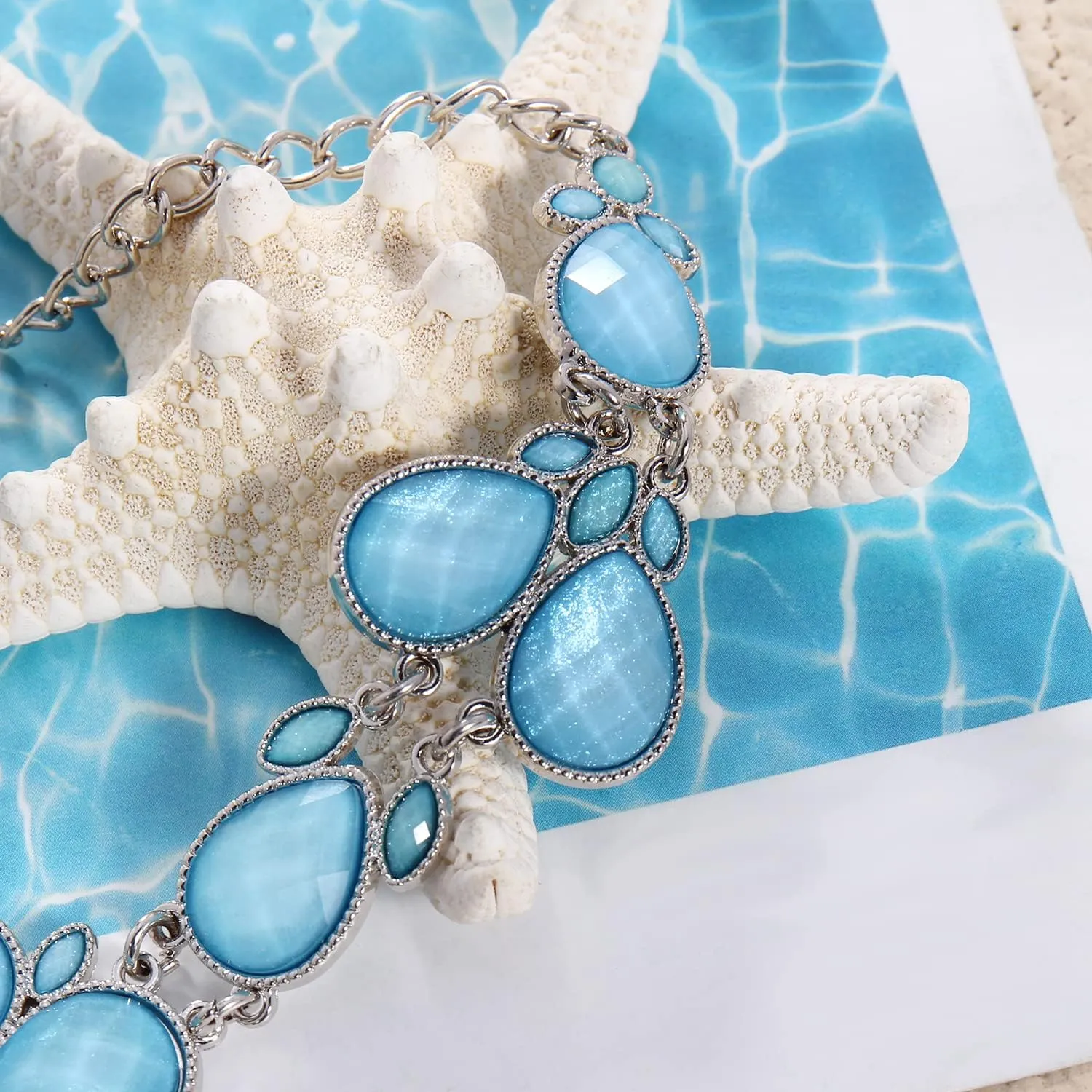 Firstmeet Shiny Resin Water Drop Collar Necklace with Earrings