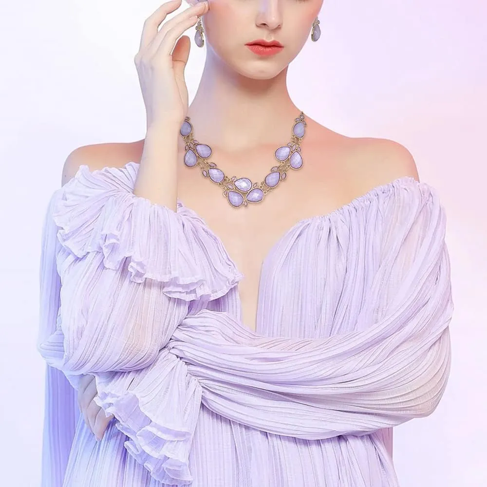 Firstmeet Shiny Resin Water Drop Collar Necklace with Earrings
