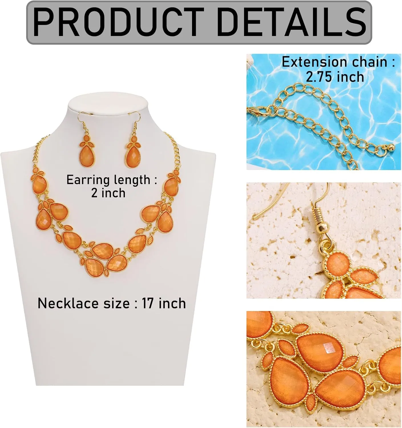 Firstmeet Shiny Resin Water Drop Collar Necklace with Earrings