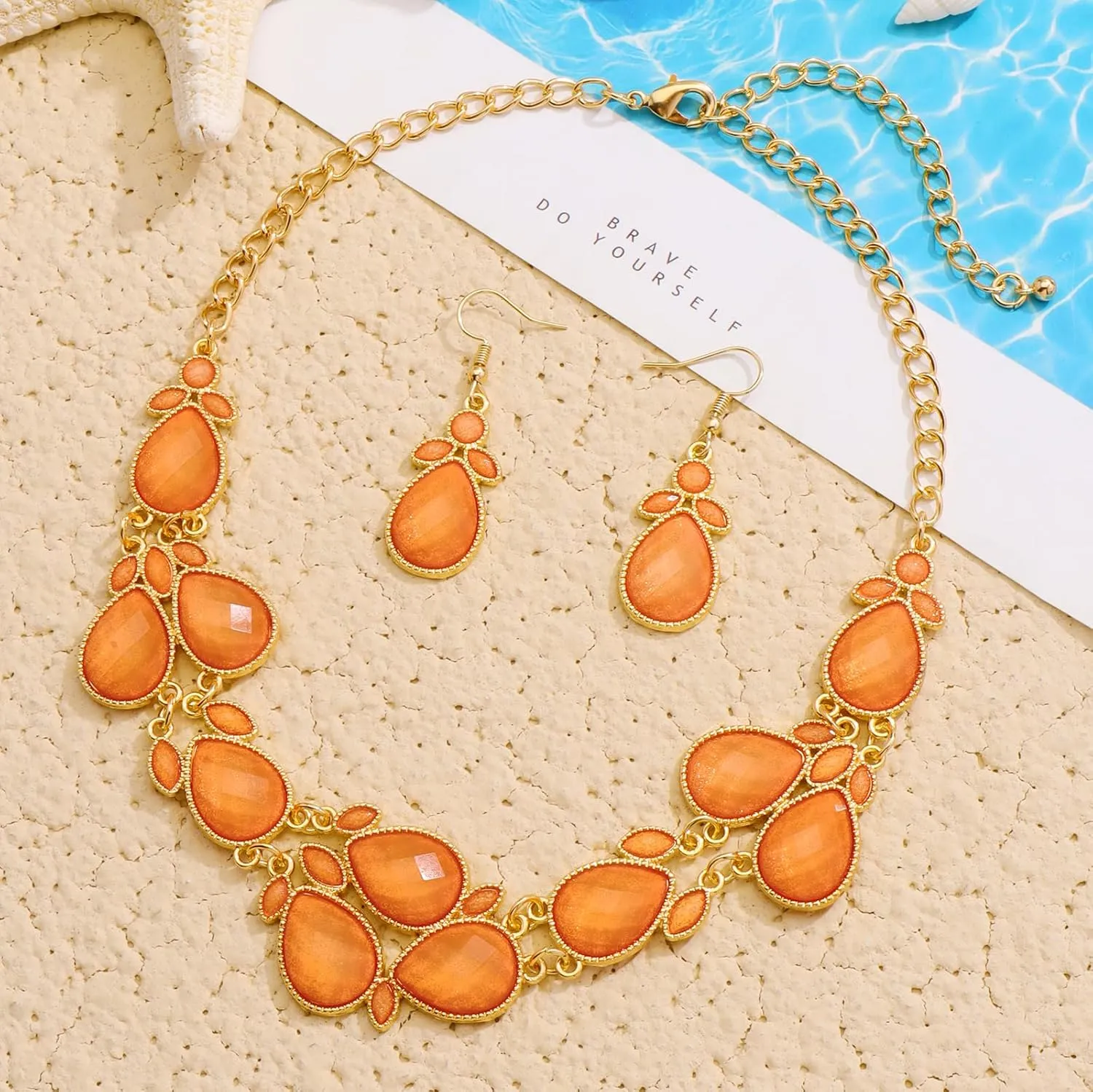 Firstmeet Shiny Resin Water Drop Collar Necklace with Earrings
