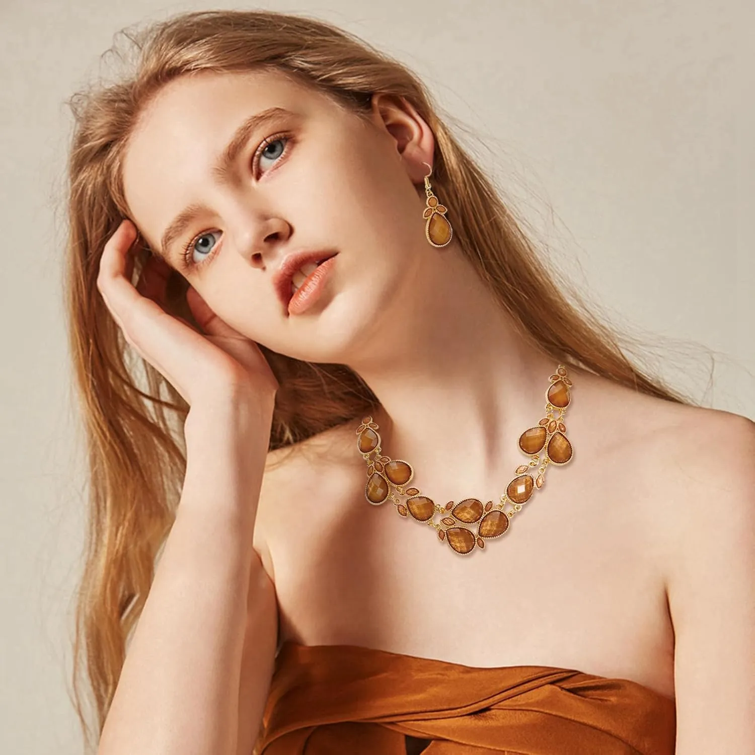 Firstmeet Shiny Resin Water Drop Collar Necklace with Earrings