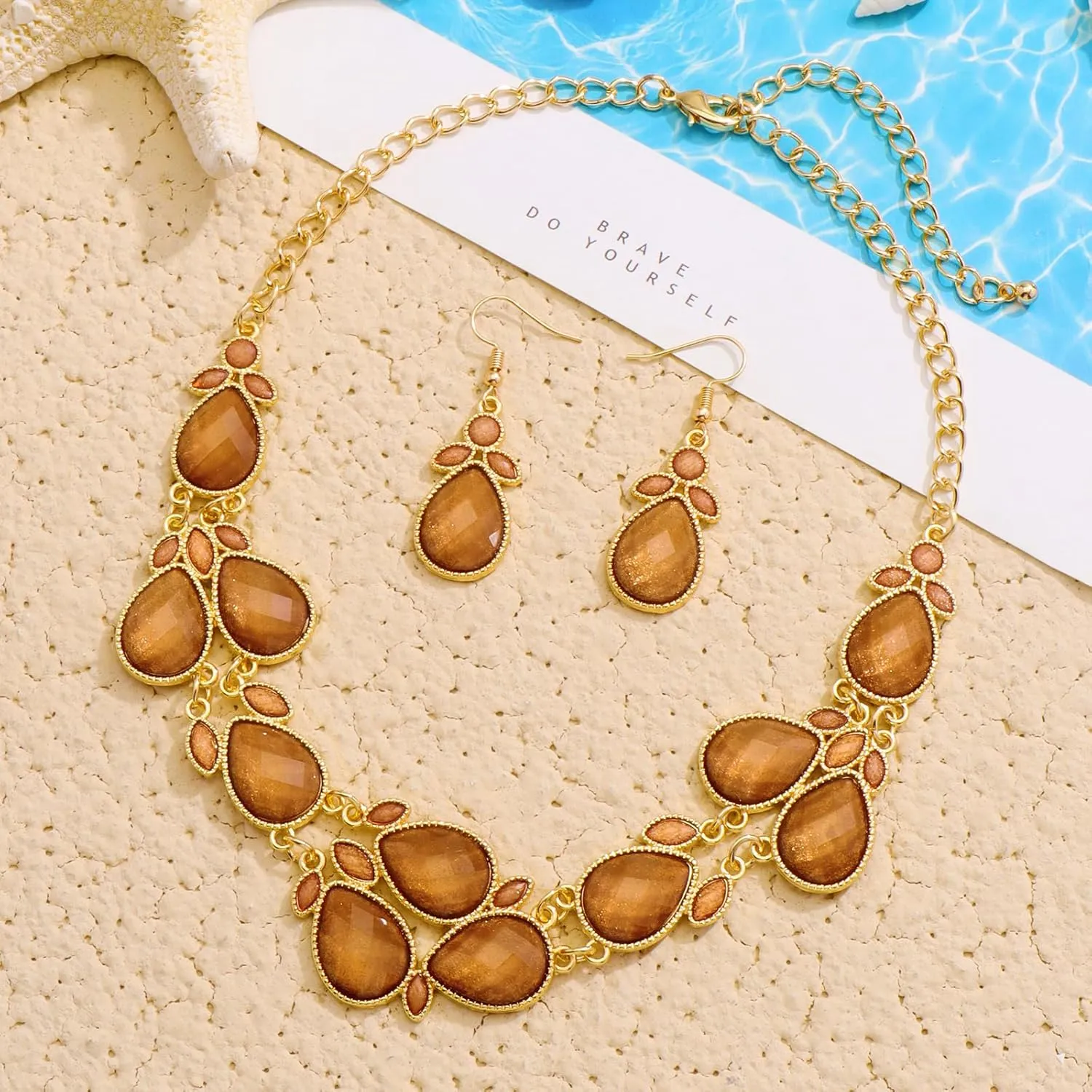 Firstmeet Shiny Resin Water Drop Collar Necklace with Earrings