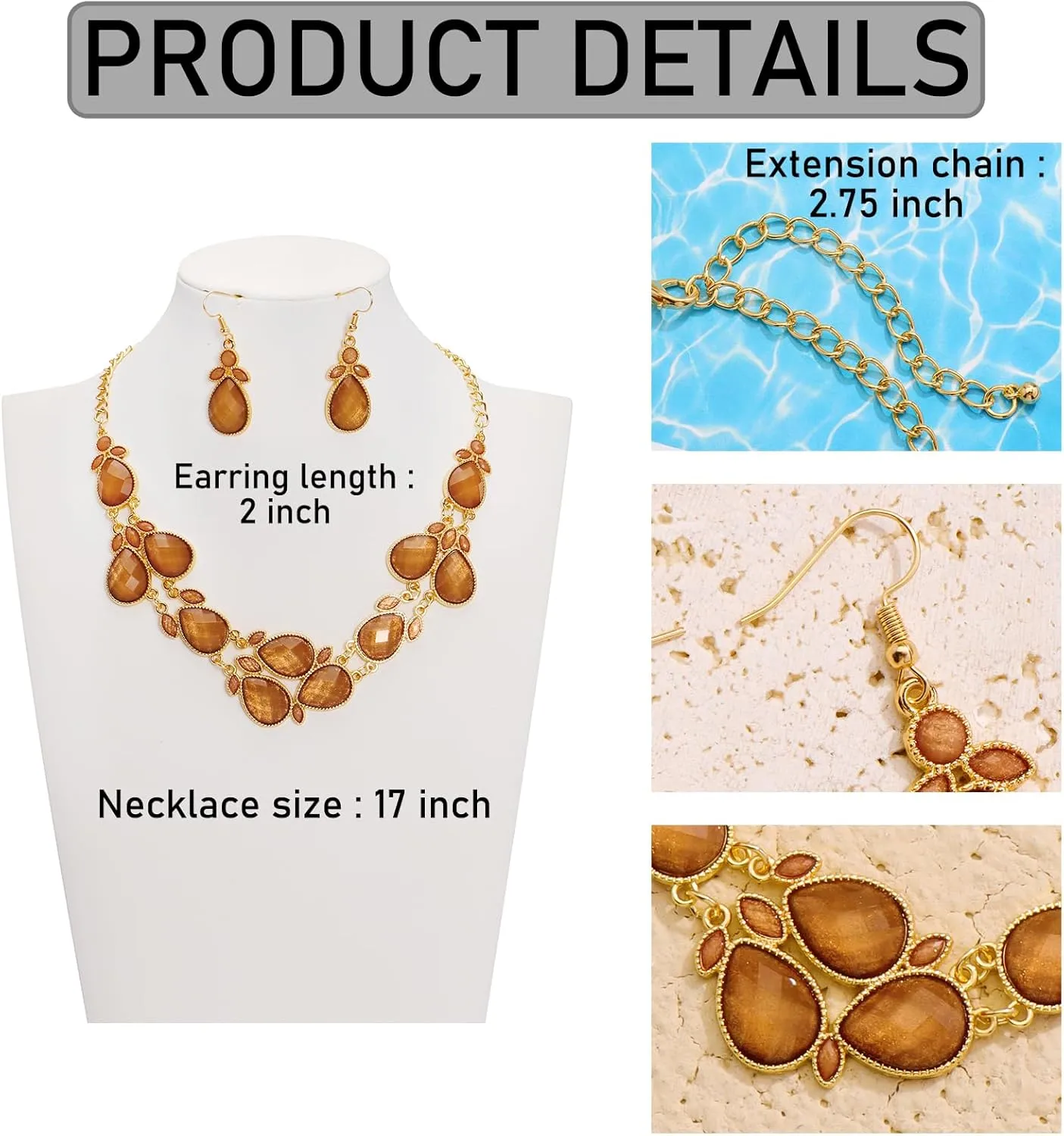 Firstmeet Shiny Resin Water Drop Collar Necklace with Earrings