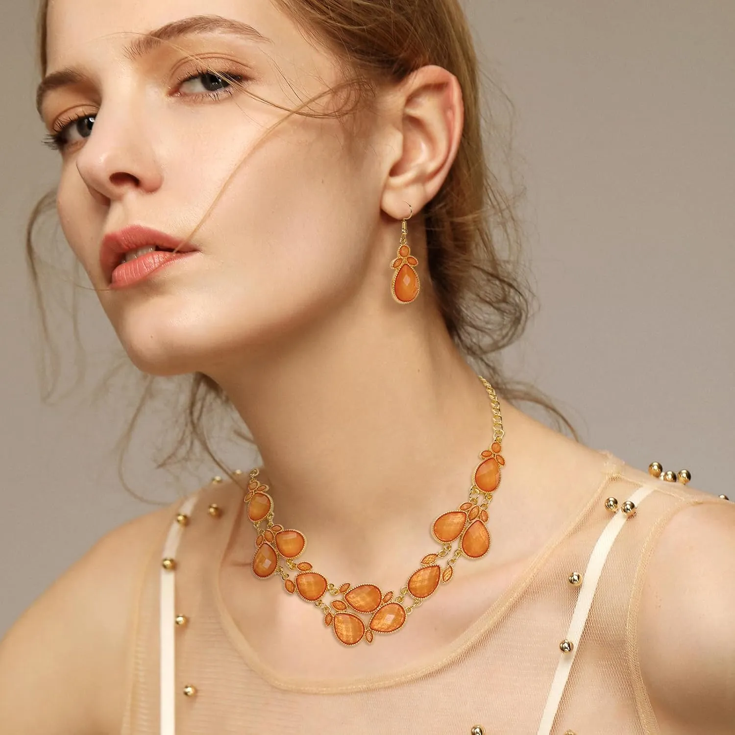 Firstmeet Shiny Resin Water Drop Collar Necklace with Earrings