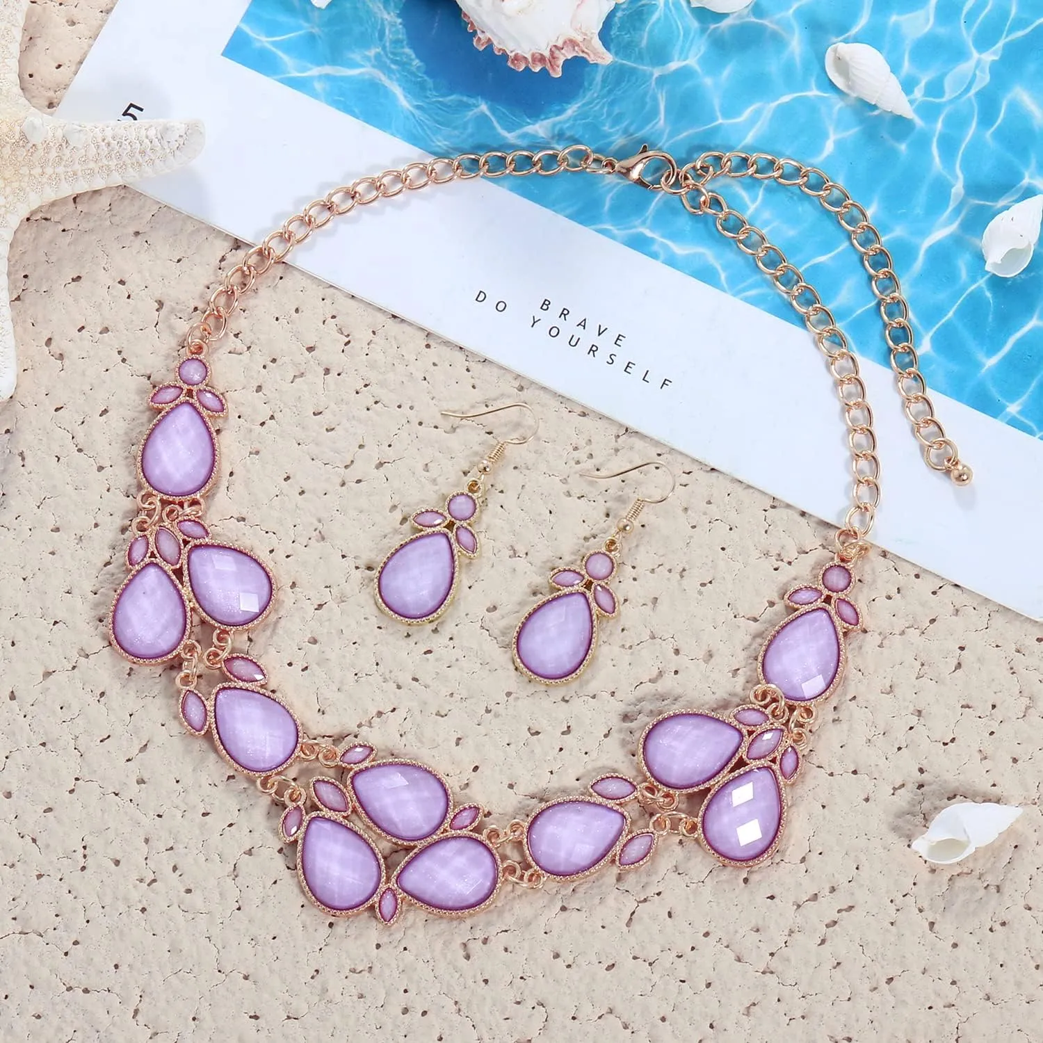 Firstmeet Shiny Resin Water Drop Collar Necklace with Earrings
