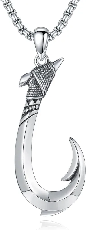 Fish Hook Necklace 925 Sterling Silver Hawaii Fishing Pendant Nautical Jewelry Gifts for Men Women