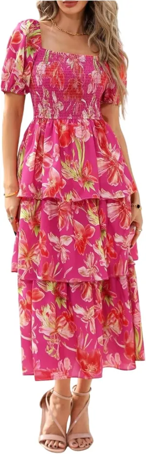 Floral Boho Dresses for Women 2025 Summer Puff Sleeve A Line Midi Dress Flowy Smocked Tiered Ruffle Wedding Guest Dress