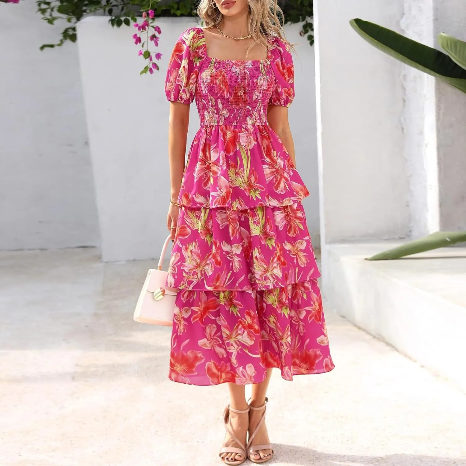 Floral Boho Dresses for Women 2025 Summer Puff Sleeve A Line Midi Dress Flowy Smocked Tiered Ruffle Wedding Guest Dress