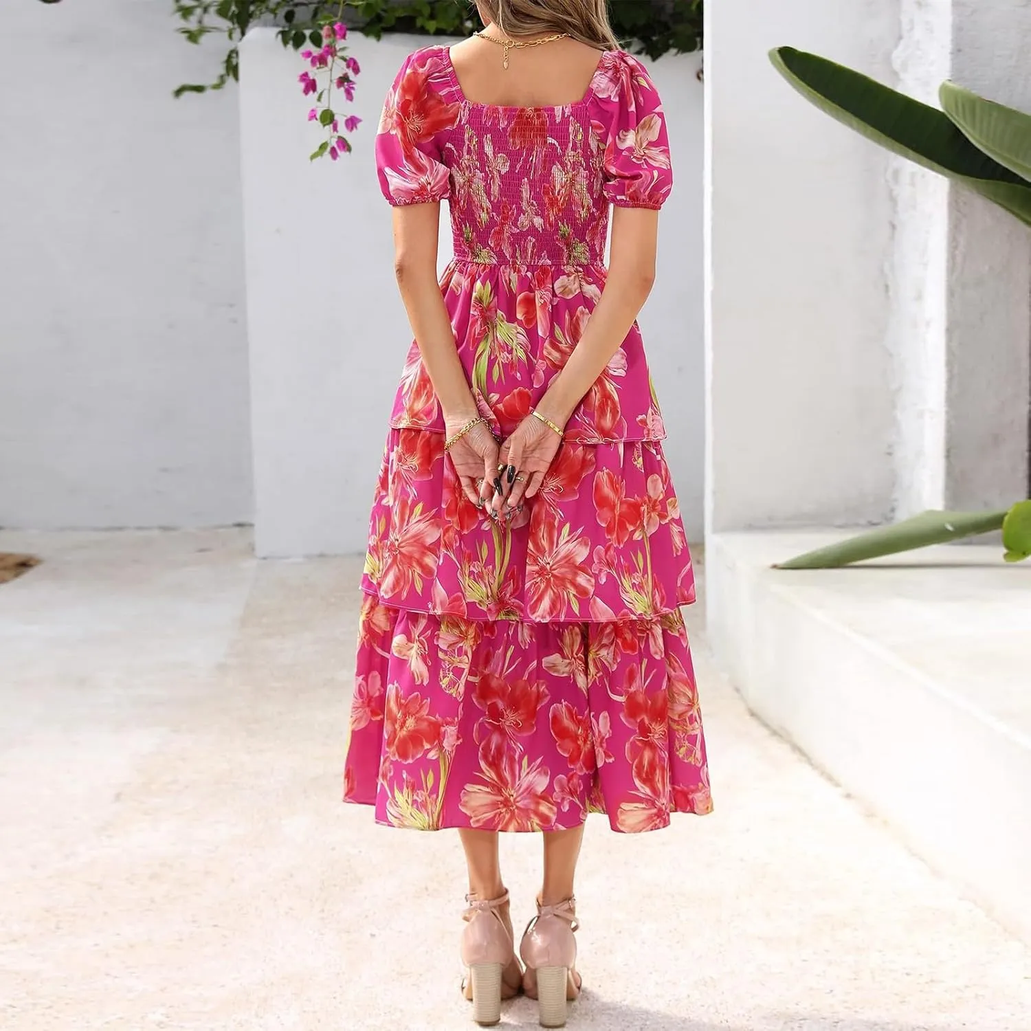 Floral Boho Dresses for Women 2025 Summer Puff Sleeve A Line Midi Dress Flowy Smocked Tiered Ruffle Wedding Guest Dress